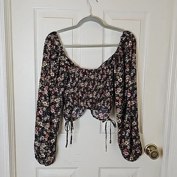 Elodie Floral Black Yellow Pink Elasticized Off Shoulder Rucshed Side Tie Top S - Picture 10 of 13